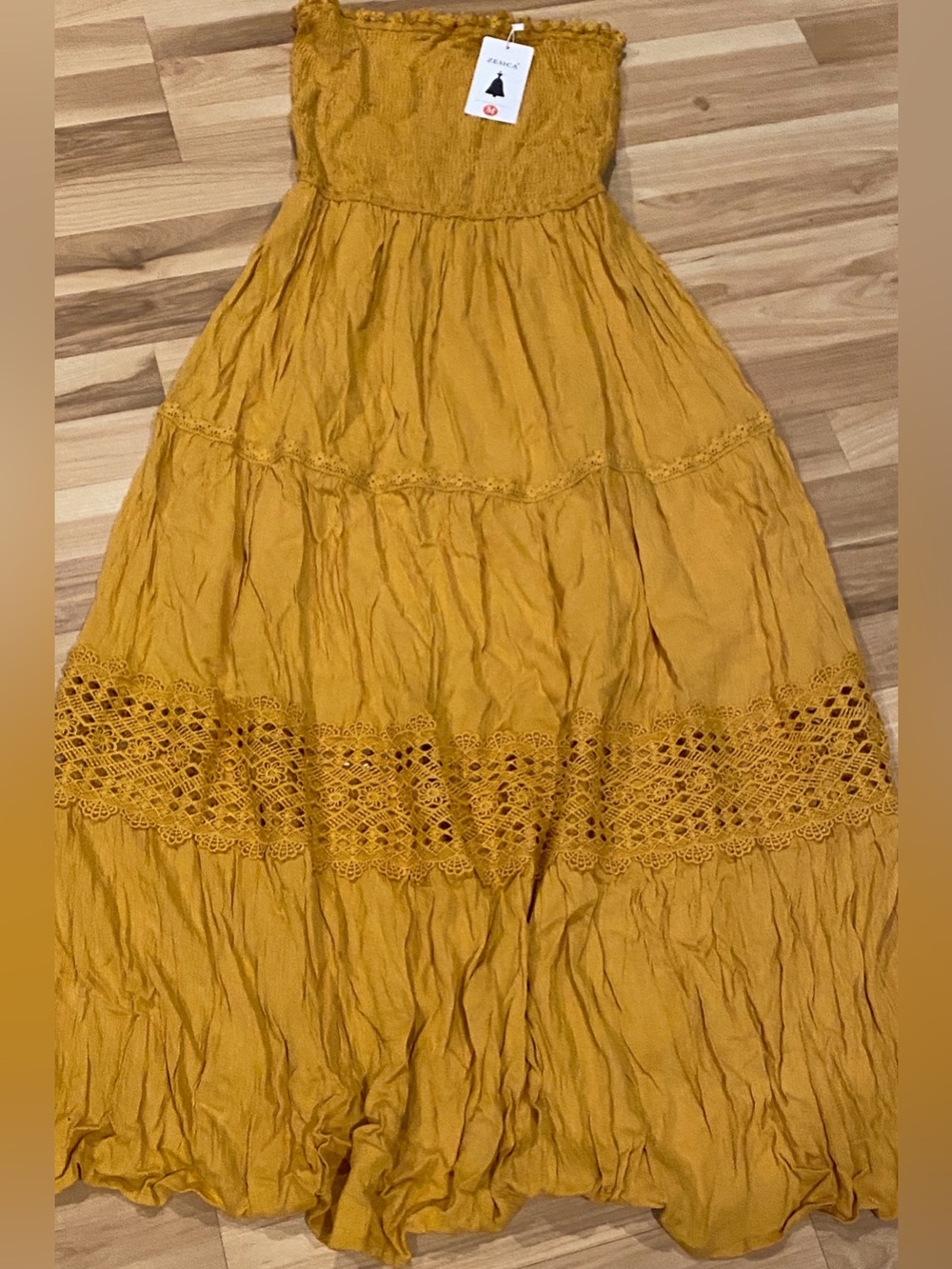 100% Rayon Mustard Yellow Strapless Boho Maxi Dress- NWT